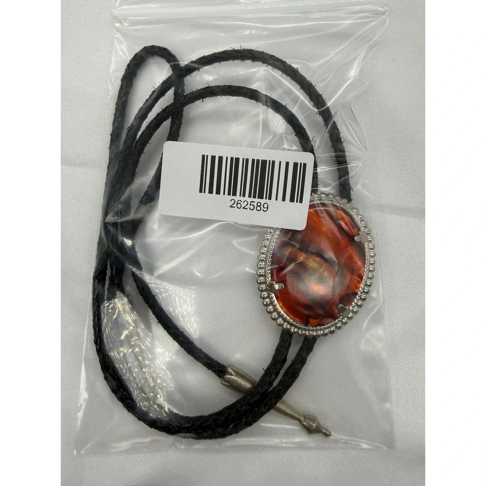 Vintage Western Bolo Tie Cowboy Marbled Oval Silver Tone Braided Black Cord